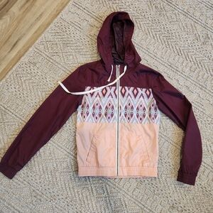 Burgundy and Pink Hooded Jacket with Geometric Pattern